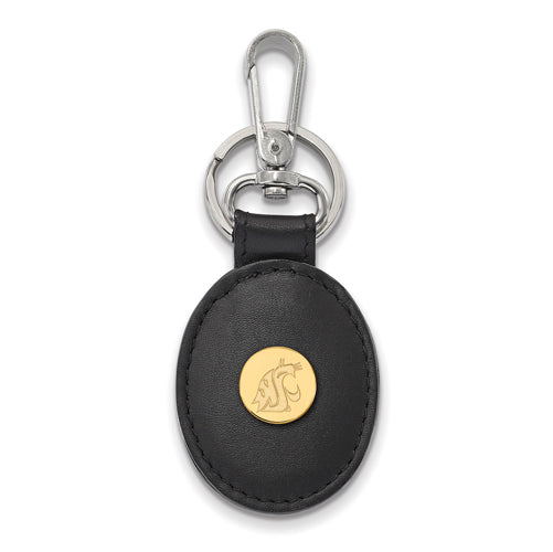 SS w/GP Washington State Black Leather Oval Key Chain