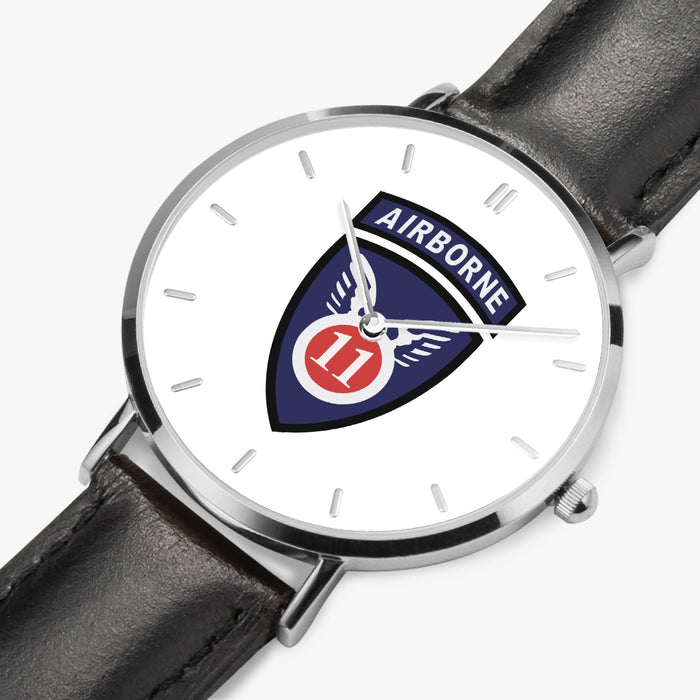 11th Airborne Division-Ultra Thin Leather Strap Quartz Watch (Silver With Indicators)