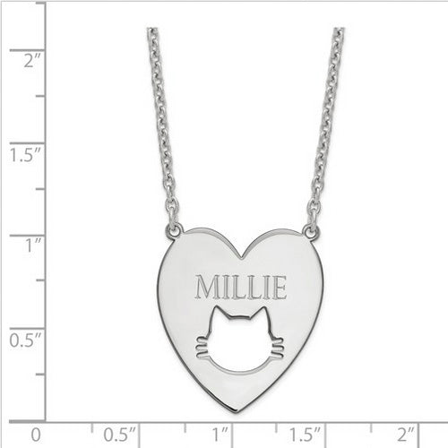 Sterling Silver Rhodium-plated Heart with Cat Face Necklace