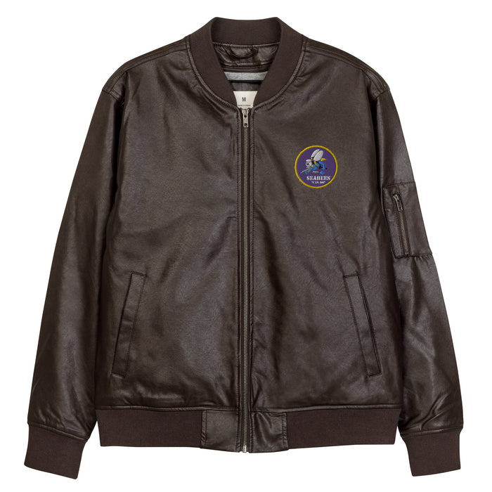 Navy Seabees Embroidered Leather Bomber Jacket