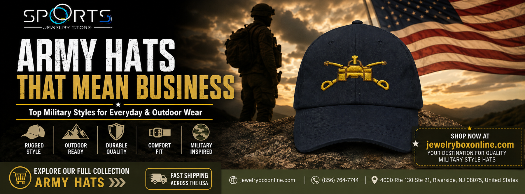 Army hats banner featuring a military-style cap, USA flag, outdoor scene, and jewelryboxonline.com branding.