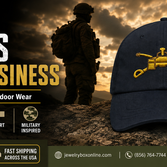 Army hats banner featuring a military-style cap, USA flag, outdoor scene, and jewelryboxonline.com branding.