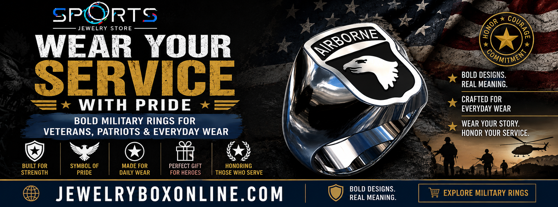 Military rings for veterans and patriots with a bold Airborne ring and patriotic design from JewelryBoxOnline.com.