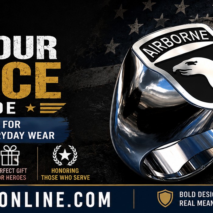 Military rings for veterans and patriots with a bold Airborne ring and patriotic design from JewelryBoxOnline.com.