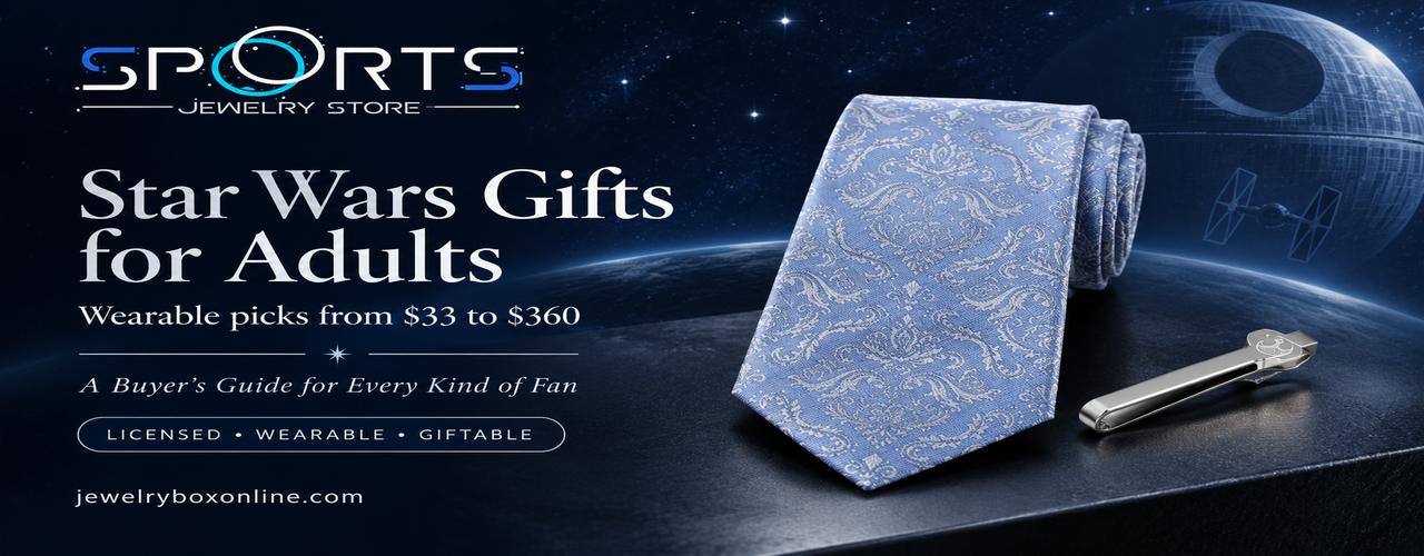 Star Wars gifts for adults featuring a paisley tie and silver tie clip, with jewelryboxonline.com branding.