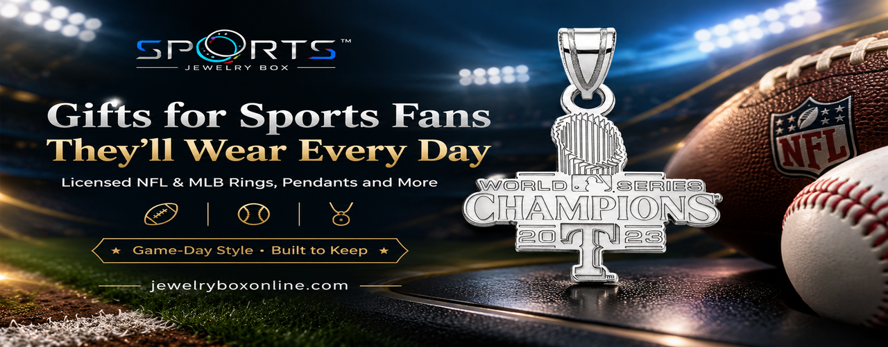 Sports fan jewelry banner featuring NFL and MLB-inspired rings, pendants, and jewelry from Jewelry Box Online.