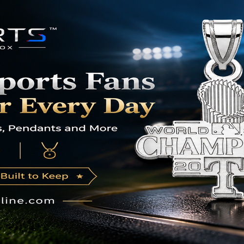 Sports fan jewelry banner featuring NFL and MLB-inspired rings, pendants, and jewelry from Jewelry Box Online.
