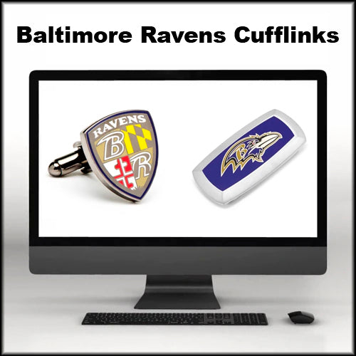 Image of a computer monitor displaying Baltimore Ravens items. Text above the monitor reads Baltimore Ravens Cufflinks.