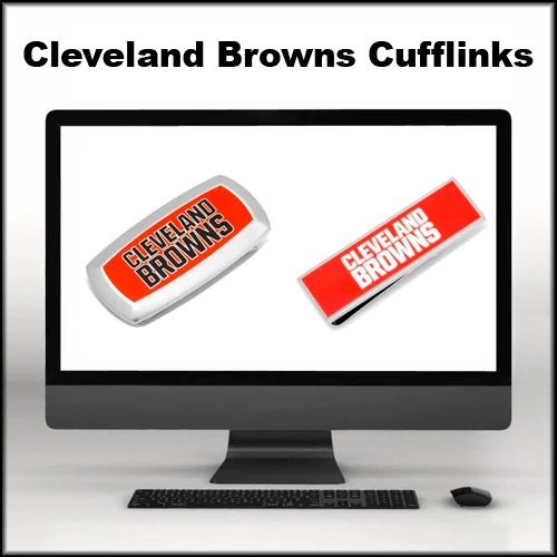 Image of a computer monitor displaying Cleveland Browns cufflinks and accessories. Text above the monitor reads Cleveland Browns Cufflinks.