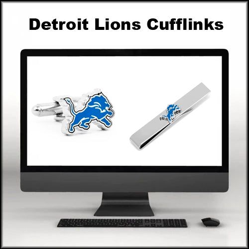 Image of a computer monitor displaying Detroit Lions cufflinks and accessories. Text above the monitor reads Detroit Lions Cufflinks.