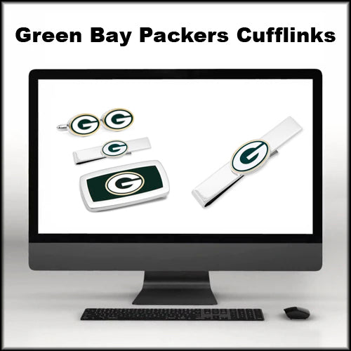 Image of a computer monitor displaying Green Bay Packers cufflinks and accessories. Text above the monitor reads Green Bay Packers Cufflinks.