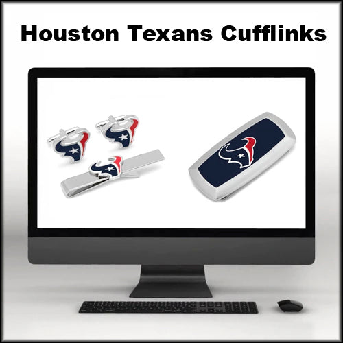 Image of a computer monitor displaying Houston Texans cufflinks and accessories. Text above the monitor reads Houston Texans Cufflinks.