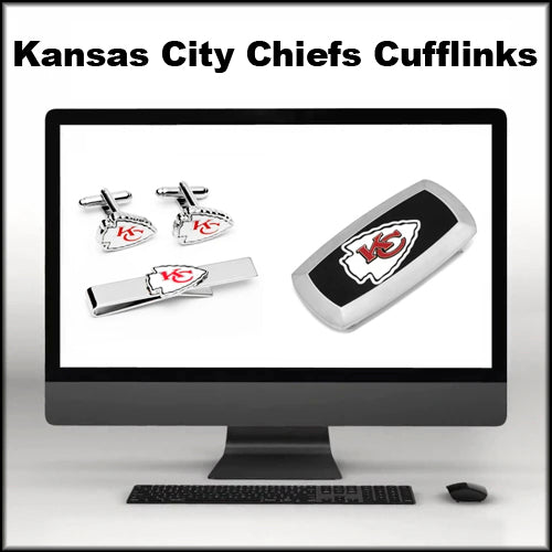 Image of a computer monitor displaying Kansas City Chiefs cufflinks and accessories. Text above the monitor reads Kansas City Chiefs Cufflinks.