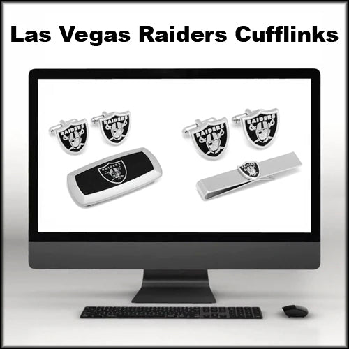 Image of a computer monitor displaying Las Vegas Raiders cufflinks and accessories. Text above the monitor reads Las Vegas Raiders Cufflinks.