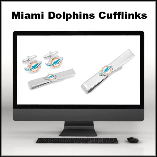 Image of a computer monitor displaying Miami Dolphins cufflinks and accessories. Text above the monitor reads Miami Dolphins Cufflinks.