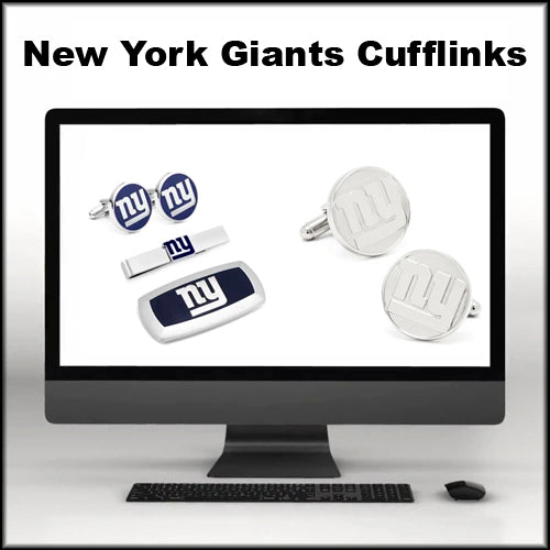 Image of a computer monitor displaying New York Giants cufflinks and accessories. Text above the monitor reads New York Giants Cufflinks.