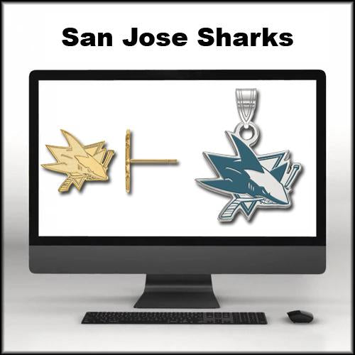 A computer monitor displaying San Jose Sharks merchandise, including a gold lapel pin featuring the Sharks logo, and a silver and teal pendant with the same logo. Text above the monitor reads "San Jose Sharks." A keyboard and mouse are also present.