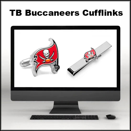 Image of a computer monitor displaying Tampa Bay Buccaneers cufflinks and accessories. Text above the monitor reads Tampa Bay Buccaneers Cufflinks.