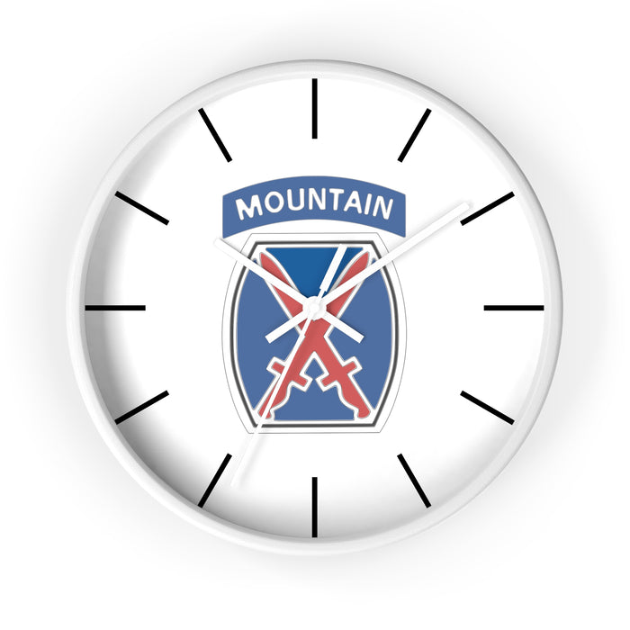 10th Mountain Division Wall Clock with a white frame and white hands