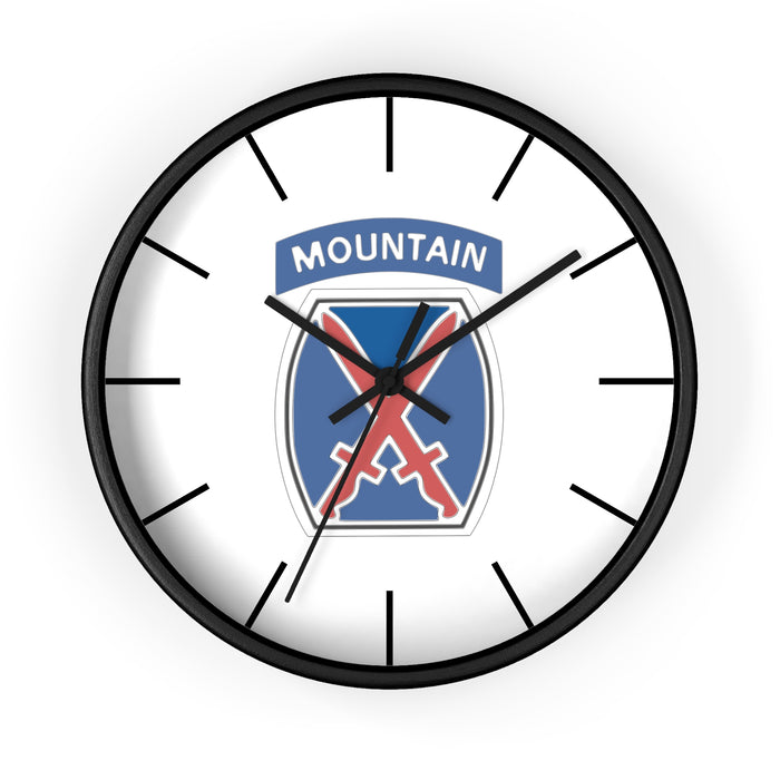 10th Mountain Division Wall Clock with a black frame and black hands