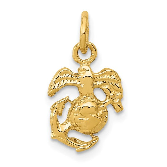 The 10K Marine Corps Eagle Globe & Anchor Small Pendant features the iconic emblem with an eagle perched on a globe and anchor, plus a small top loop for attaching to a chain.