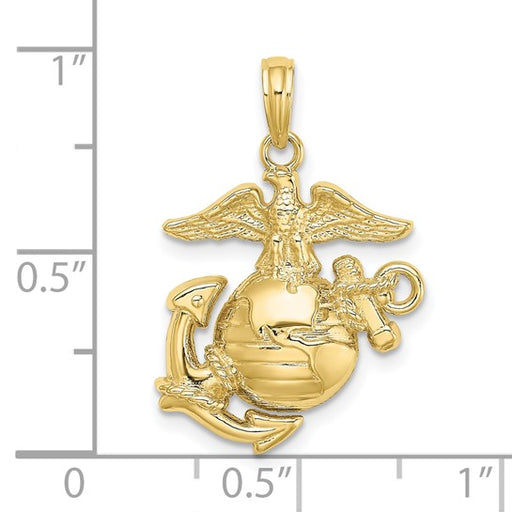 10K Polished Textured Marine Corps Pendant showing measurements