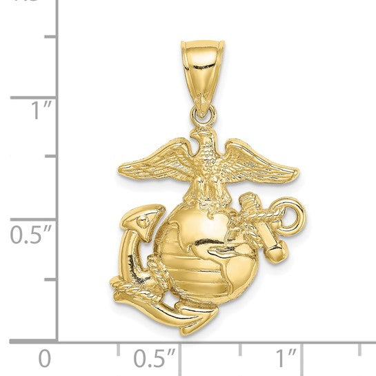 10K Marine Corps Eagle Globe & Anchor Medium Pendant showing measurements