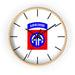 The 82nd Airborne Wall Clock is a round wall clock with a light wood frame and features a white face with black hour and minute marks. At the center of the clock is the red, blue, and white "AIRBORNE" emblem with a winged parachute logo. The time shows approximately 10:08.