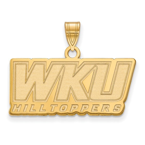 The 10ky Western Kentucky University Large WKU Pendant features bold "WKU" block letters with "HILLTOPPERS" below and a top loop for easy chain attachment, representing Western Kentucky University.