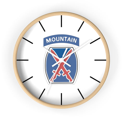 10th Mountain Division Wall Clock with a wooden frame and white hands