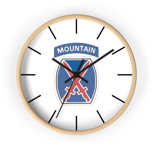 10th Mountain Division Wall Clock with a wooden frame and black hands