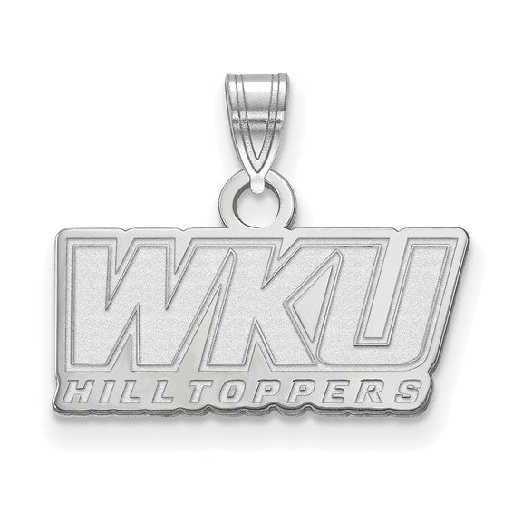 The 14kw Western Kentucky University Small WKU Pendant features "WKU" above "HILLTOPPERS" in bold letters, crafted in 14k white gold with a top loop—an ideal accessory for WKU fans.