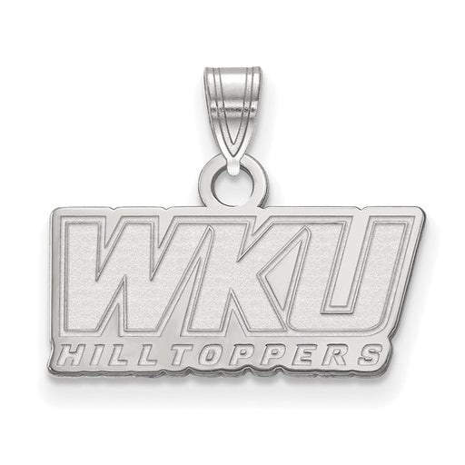 The 14kw Western Kentucky University Small WKU Pendant features "WKU" above "HILLTOPPERS" in bold letters, crafted in 14k white gold with a top loop—an ideal accessory for WKU fans.