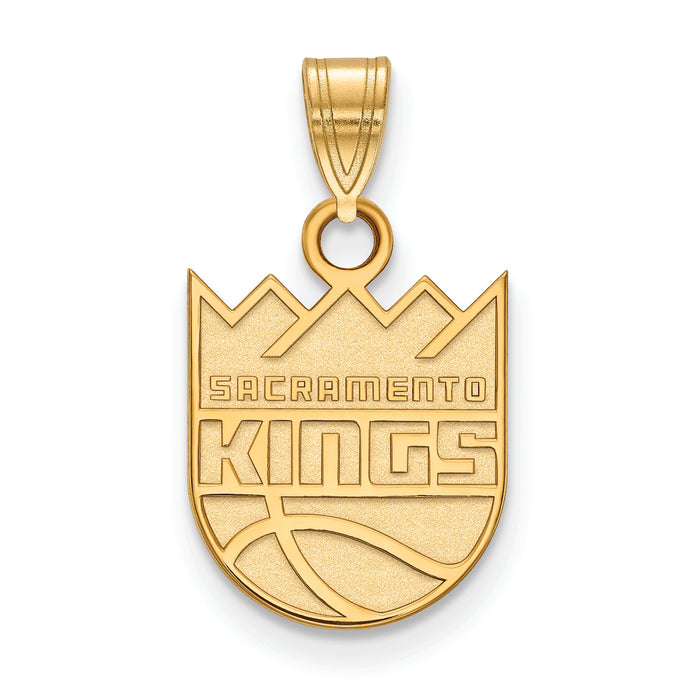 The Sacramento Kings Logo pendant is gold-plated and shaped like the team logo, featuring "KINGS" with a basketball and crown design, attached to a loop for wearing.