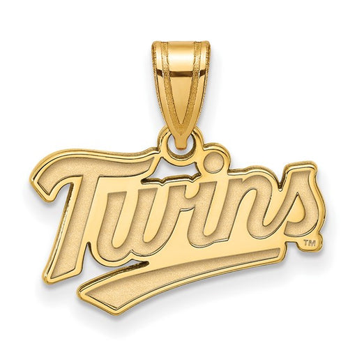 The SS Gold-plated MLB Minnesota Twins T-C Small Pendant elegantly features "Twins" in cursive, perfect for fans to wear as a necklace or charm. A distinctive piece for team enthusiasts!.