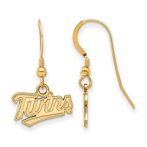 SS Gold-plated MLB Minnesota Twins T-C XS dangle earrings on hooks feature a charm with "Twins" in stylized script, showcasing LogoArt craftsmanship, ideal for Twins fans.