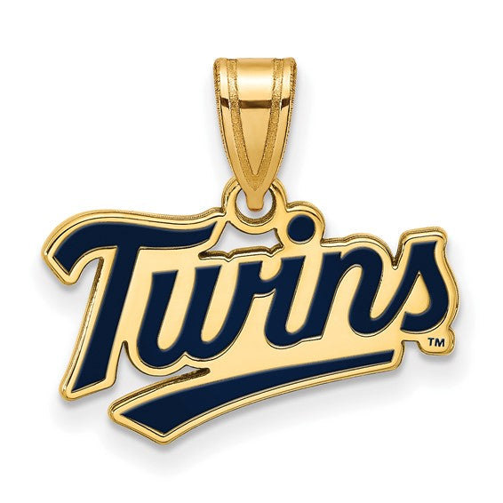 The SS Gold-plated MLB Minnesota Twins T-C Small Enameled Pendant features a gold-plated sterling silver design with "Twins" in blue script, elegantly curved, and includes a loop for chain attachment.