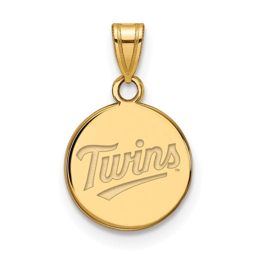 This 10k Gold MLB Minnesota Twins T-C Small Disc Pendant features "Twins" in stylized script. A top loop allows attachment to a chain, ideal for enthusiasts. Its polished finish adds shine, perfect for fans.