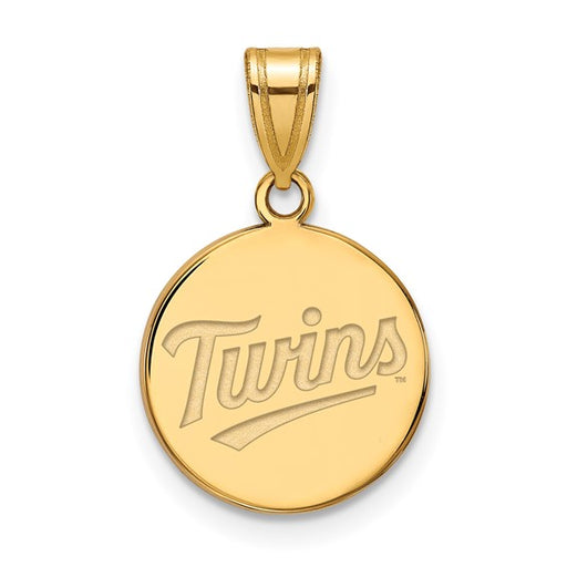 The 14k Gold MLB Minnesota Twins T-C Medium Disc Pendant showcases "Twins" in a stylized script, making it an elegant and charming piece for fans.