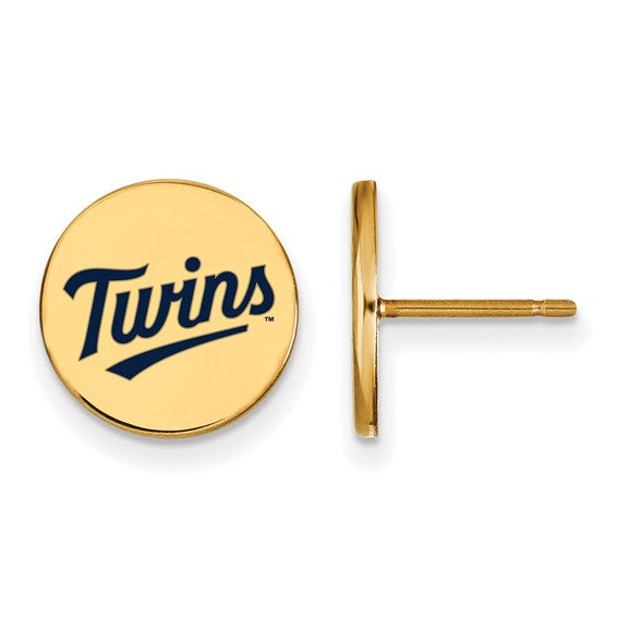 Gold-plated earrings featuring an enameled "T-C" logo for Minnesota Twins fans. These simple, flat disc post earrings are easy to wear.