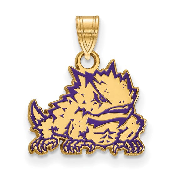 SS w/GP Texas Christian University Small Enamel Athletic Frog Pendant