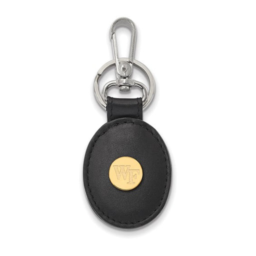 SS w/GP Wake Forest U Black Leather Oval WF Key Chain