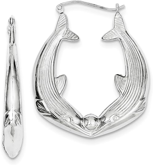 A pair of sterling silver rhodium-plated dolphin hoop earrings designed with two dolphins facing each other, their tails forming the top of the earring. The earrings feature a textured surface to mimic dolphin skin and boast a sleek, polished finish. One earring is displayed from the side, while the other is shown from the front.