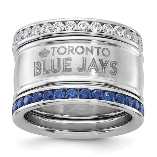Stainless Steel MLB Toronto Blue Jays Crystal Triple Stacked Ring Set