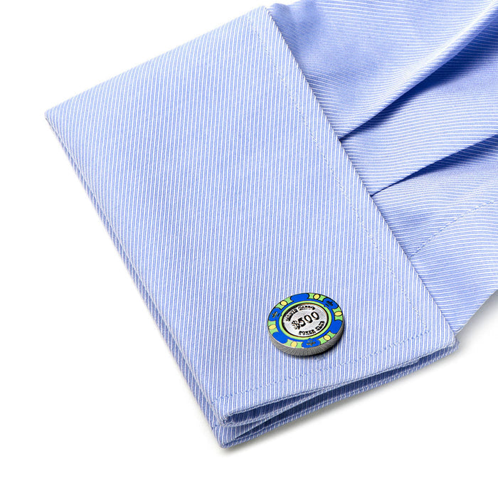 $500 Blue Poker Chip Cufflink shown on shirt cuff