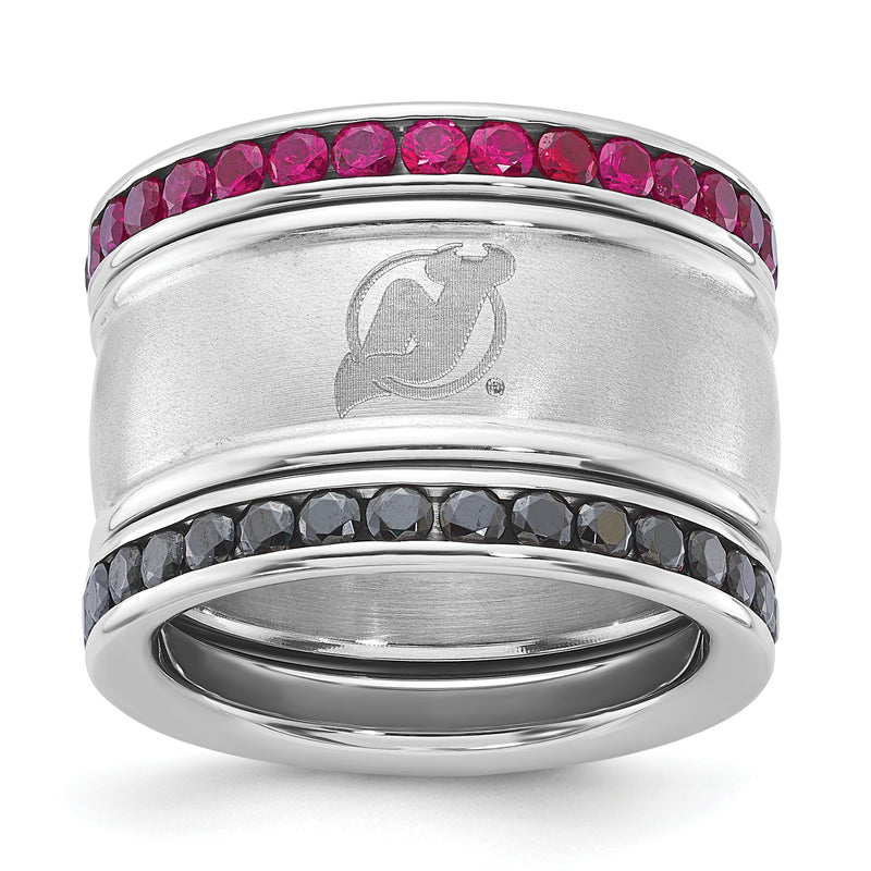 Stainless Steel NHL New Jersey Devils Crystal Stacked Ring Set