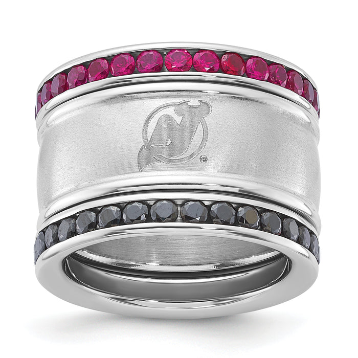 Stainless Steel NHL New Jersey Devils Crystal Stacked Ring Set