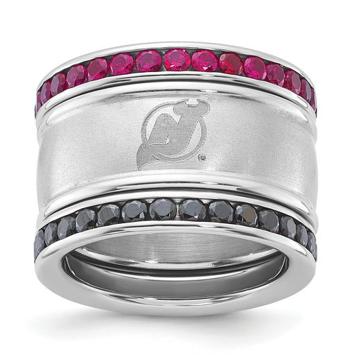 Stainless Steel NHL New Jersey Devils Crystal Stacked Ring Set