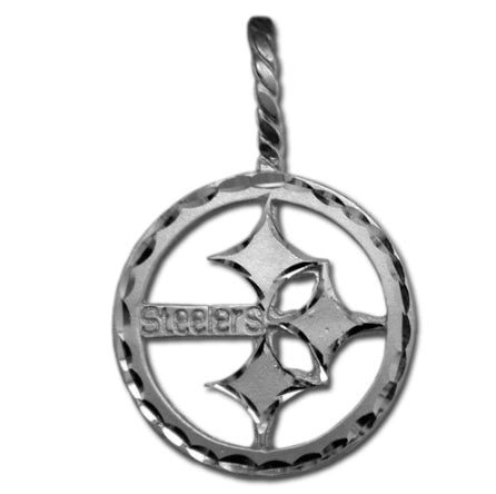 The Pittsburgh Steelers logo (medium) Sterling Silver Pendant features a circular design with a cut-out logo and "Steelers" engraving, plus a twisted top loop for easy attachment to a chain.