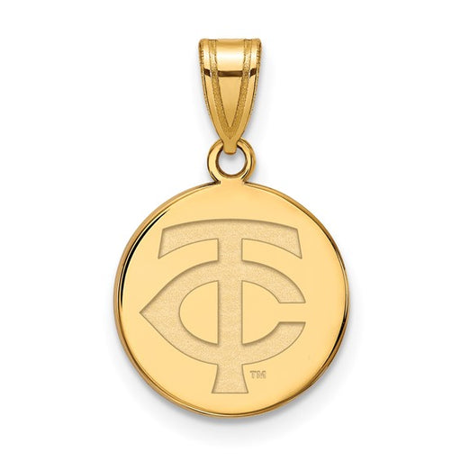 The SS Gold-plated MLB Minnesota Twins Baseball Club Medium Pendant is a round, polished sterling silver piece with "TC" engraving and a matching gold bail for easy attachment to a chain.